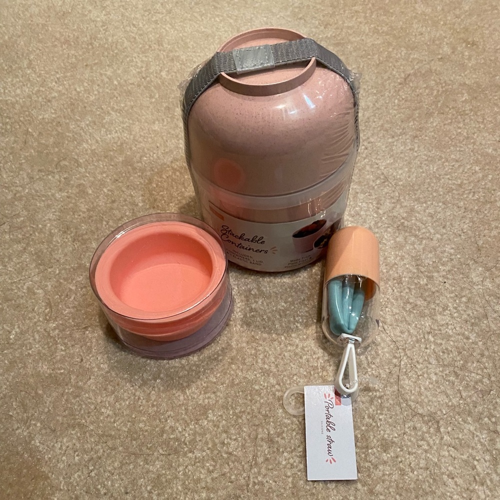 Stackable containers, reusable straw, dipping cups